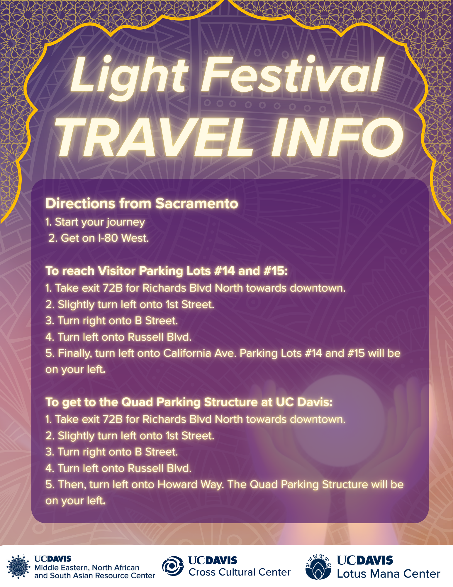 Light Festival travel-info poster with directions, transit tips, and sponsor logos
